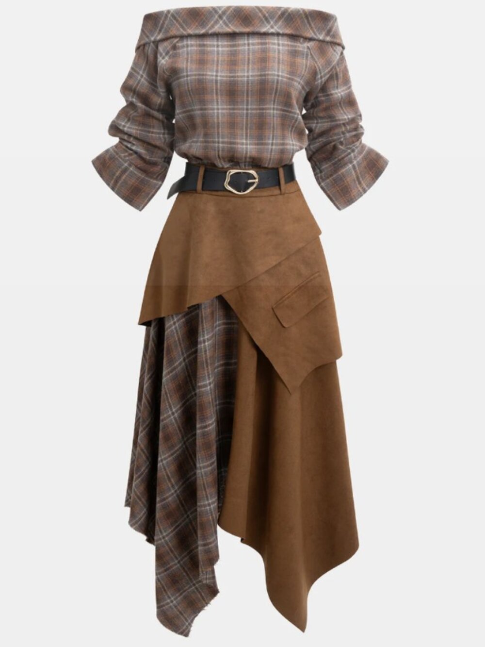Micas Plaid Print Suede Off Shoulder Zipper Belted Long Sleeve Midi Dress